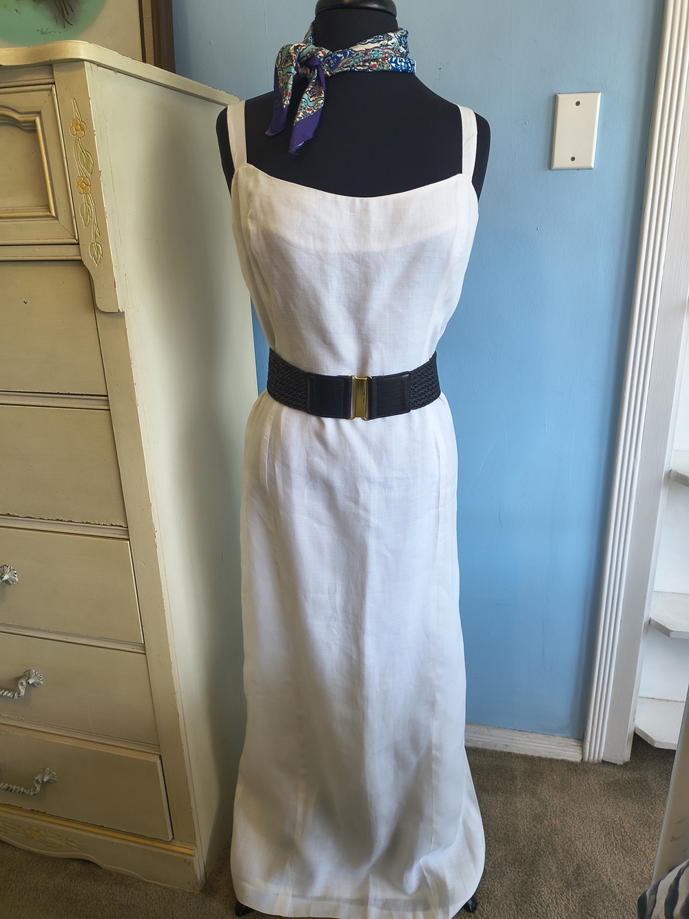 Vintage White Linen Maxi Dress with Thin Straps